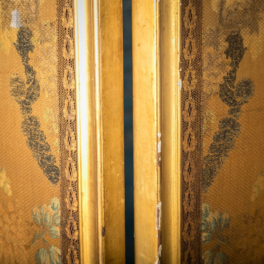 French Room Divider, Ornate 19th C Gilt Hardwood Frame, Bevelled Glass and Embroidered Silk Panels