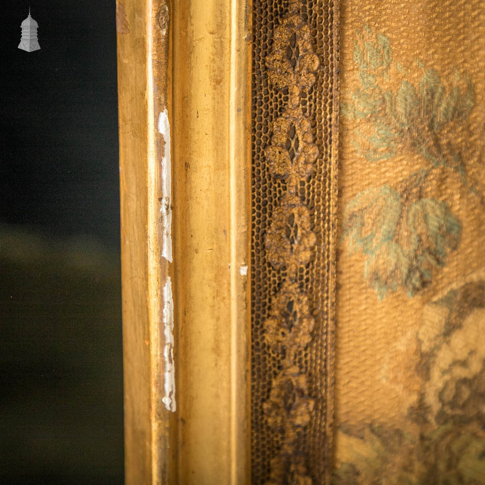 French Room Divider, Ornate 19th C Gilt Hardwood Frame, Bevelled Glass and Embroidered Silk Panels