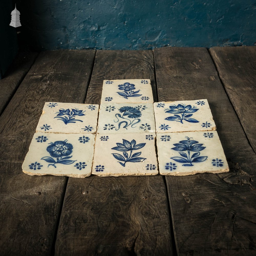 Portuguese Hand Painted Ceramic Tiles, Set of 7, White and Blue