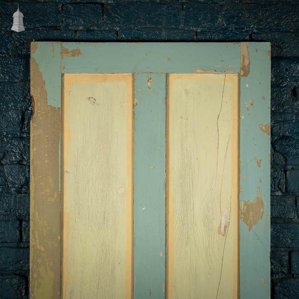 Pine Panelled Door, 4 Panel Green and Yellow Distressed Paint Finish