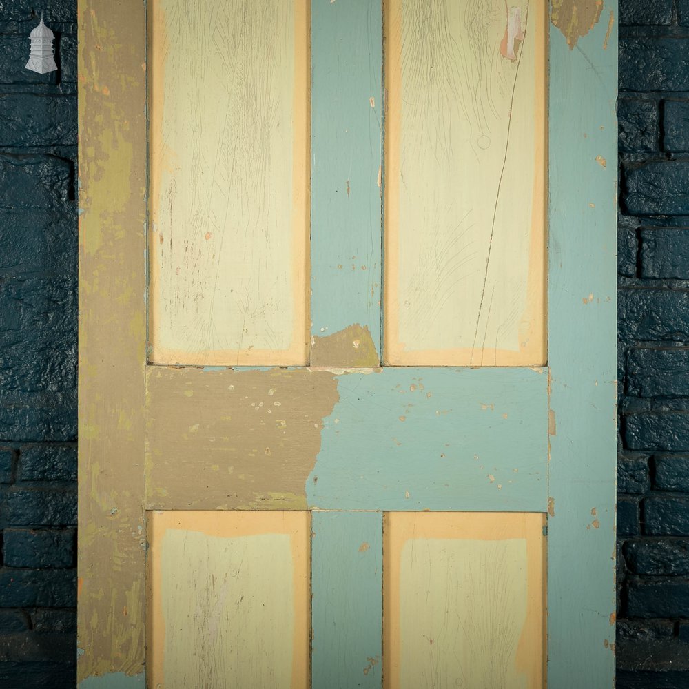 Pine Panelled Door, 4 Panel Green and Yellow Distressed Paint Finish