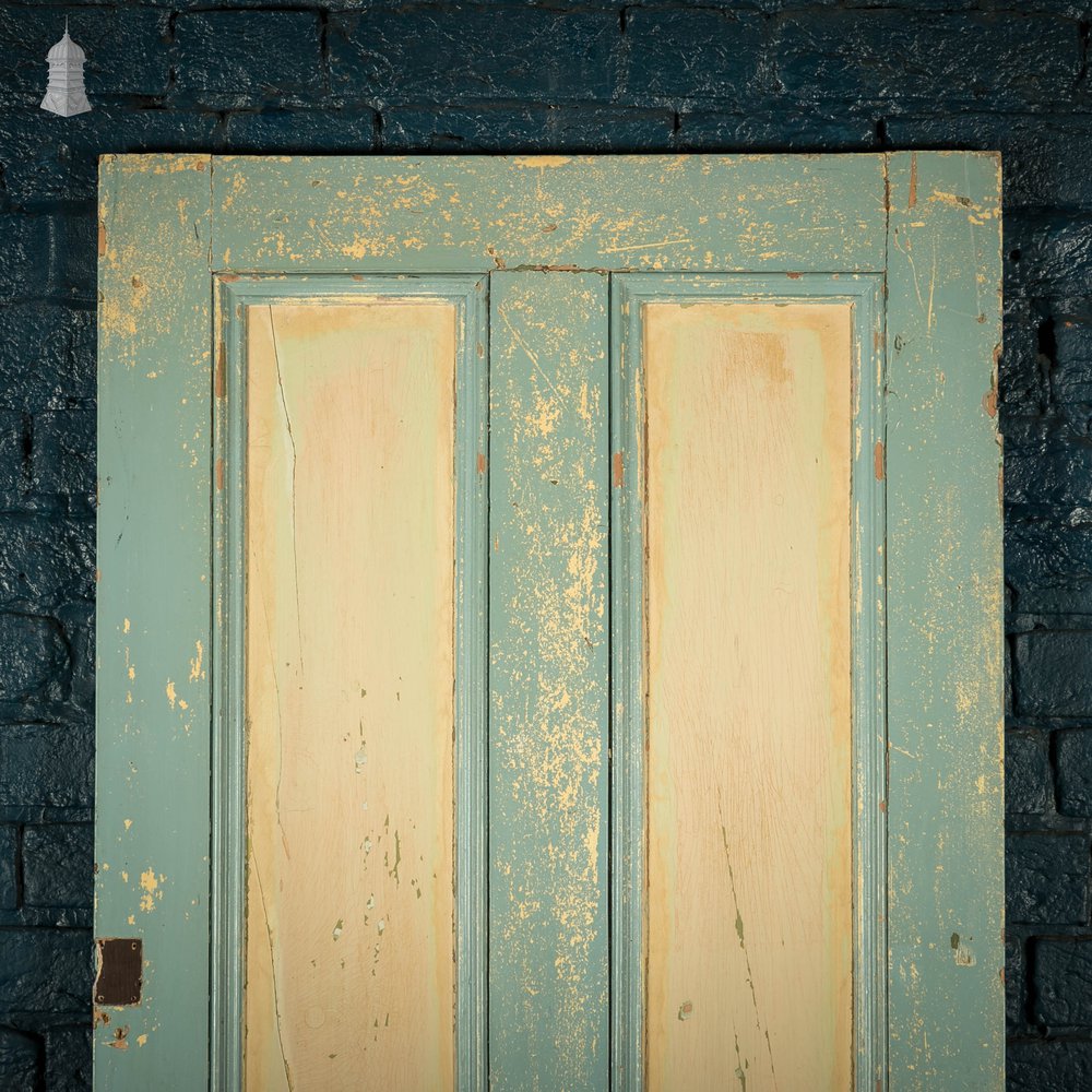 Pine Panelled Door, 4 Panel Green and Yellow Distressed Paint Finish