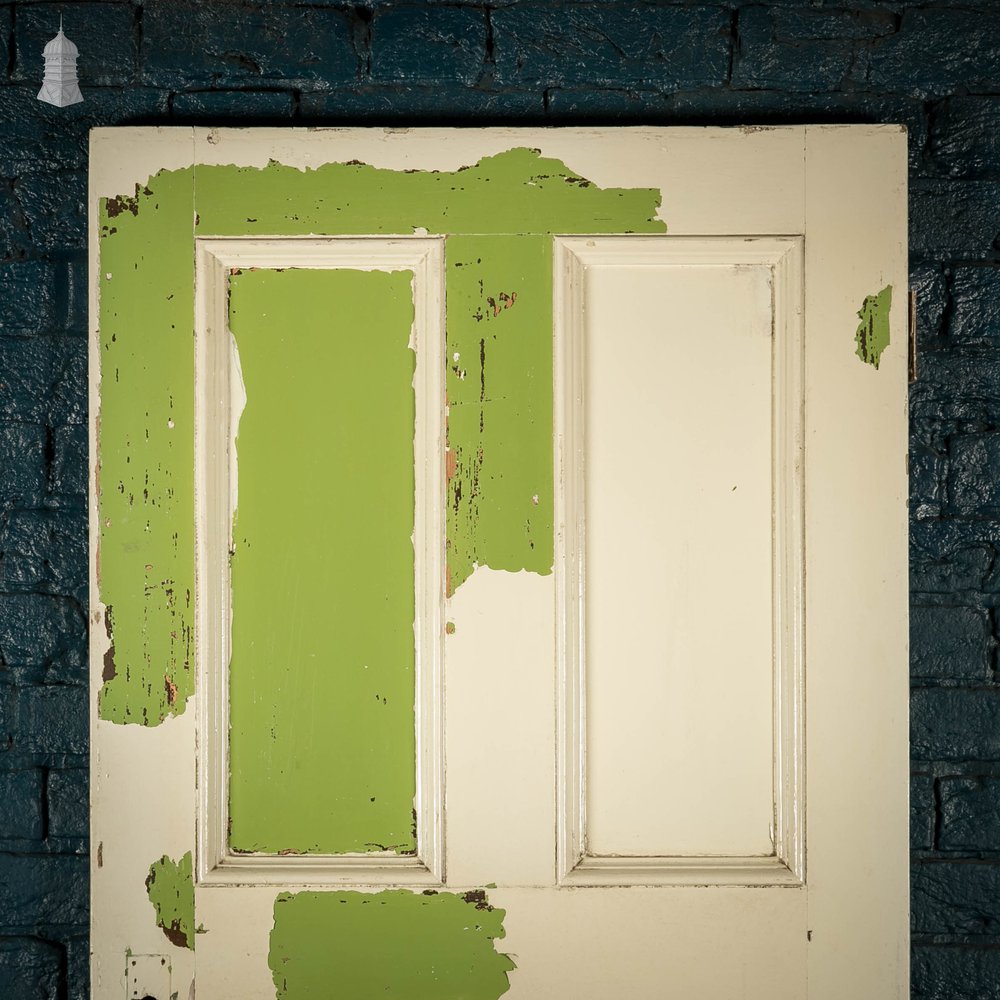 Pine Panelled Door, Moulded 4 Panel, White and Green Distressed Paint Finish