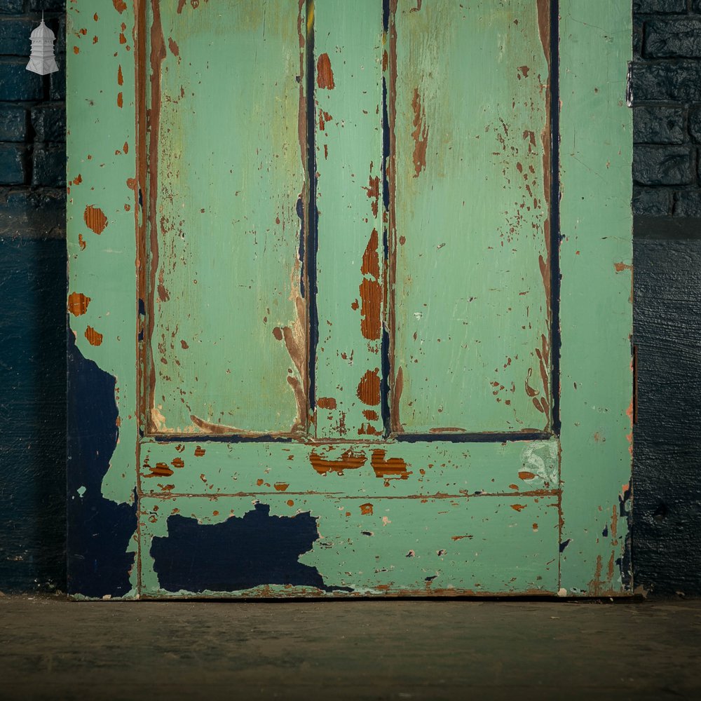 Pitch Pine Panelled Doors, Pair of 4 Panel Doors with Green Distressed Paint Finish