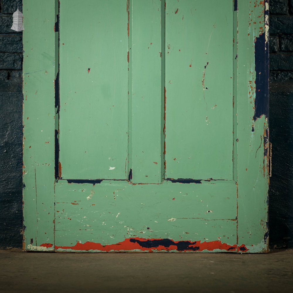 Pitch Pine Panelled Doors, Pair of 4 Panel Doors with Green Distressed Paint Finish