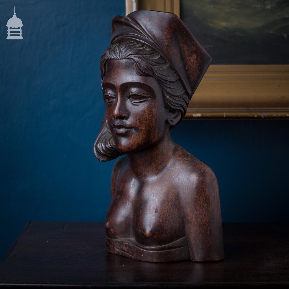 Beautifully Carved Antique Exotic Dark Wood Female Figure Bust