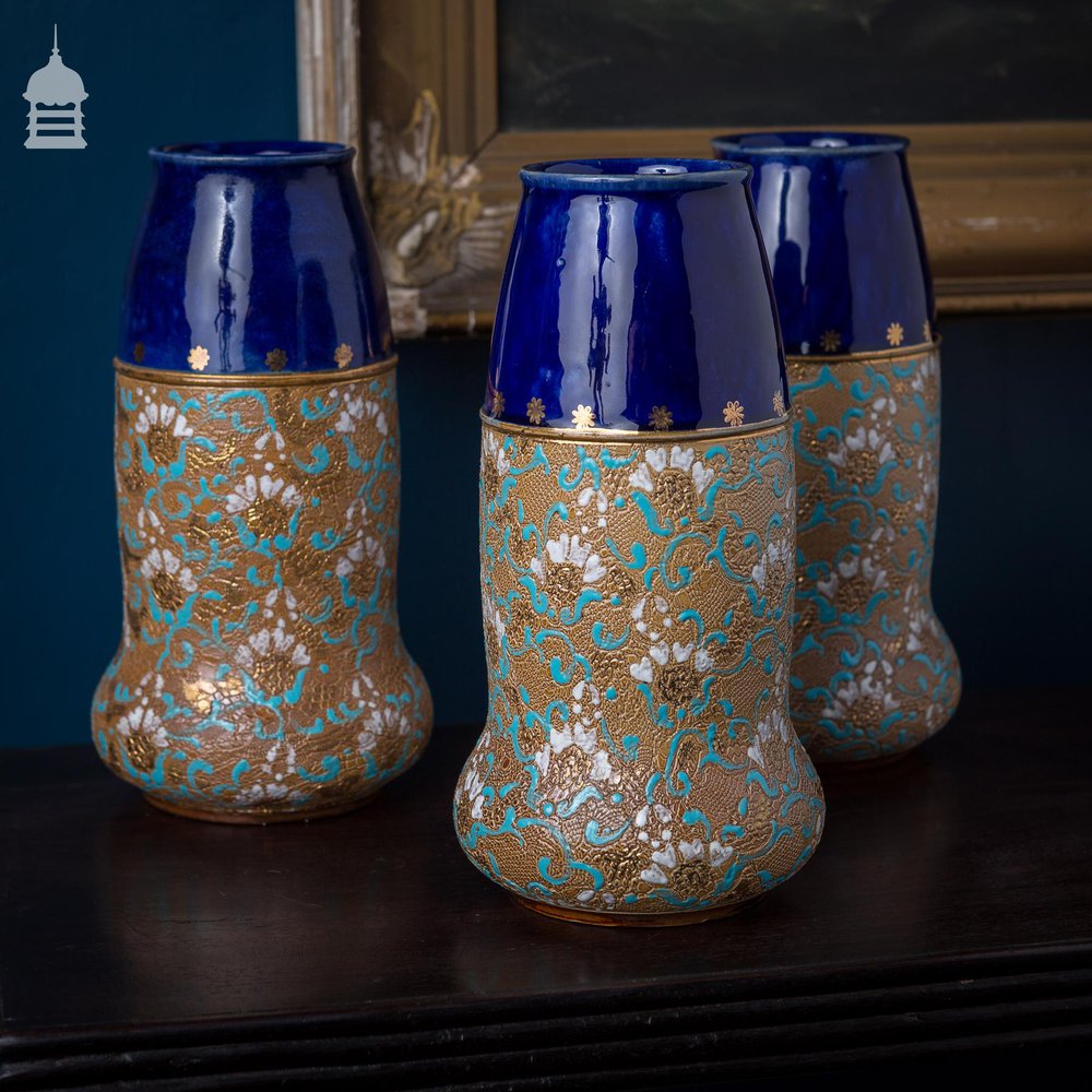 Set of 3 Ornate Blue and Gold Royal Doulton Masonic Vases