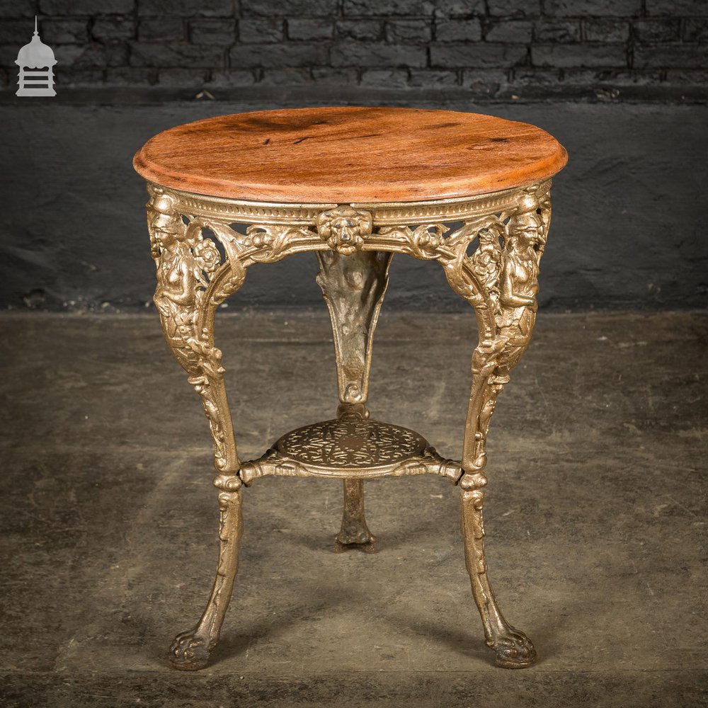 19th C Cast Iron Pub Table Base With Round Bleached Brushed Mahogany Top