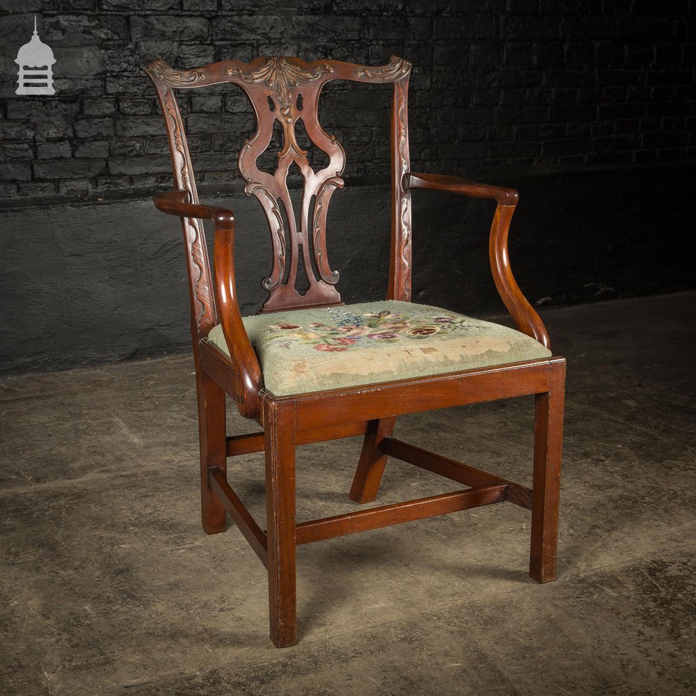 19th C Mahogany Carver Chair Attributed to Chippendale with Floral Tapestry Seat Pad