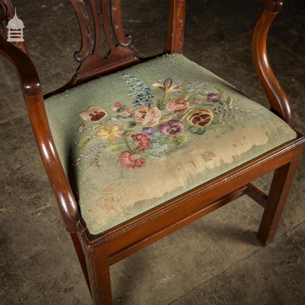 19th C Mahogany Carver Chair Attributed to Chippendale with Floral Tapestry Seat Pad