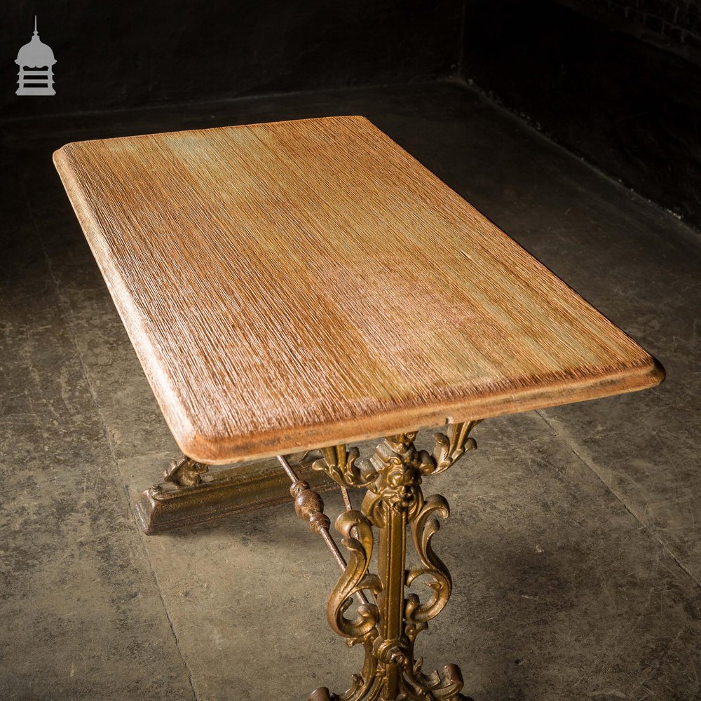 19th C Cast Iron Pub Table Base With Bleached Brushed Oak Top