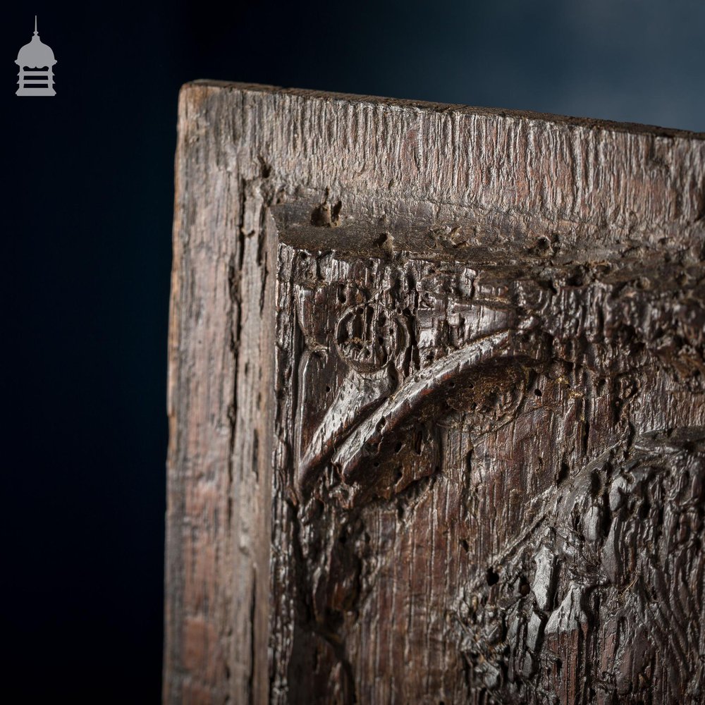 16th C Gothic Carved Oak Panel with Figure and Floral Decoration