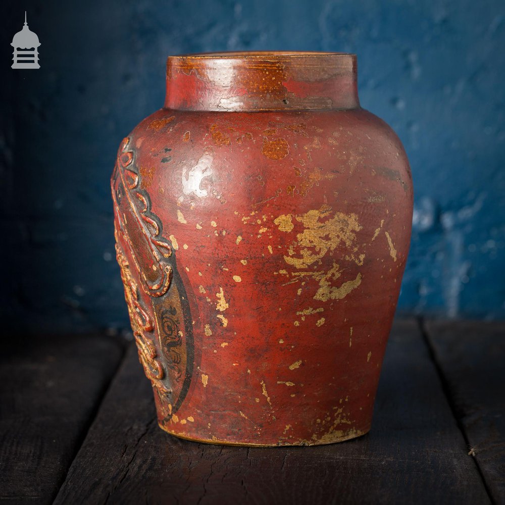 Small Victorian Red Painted Shop Tobacco Jar with Royal Crest Marked ‘Returns'