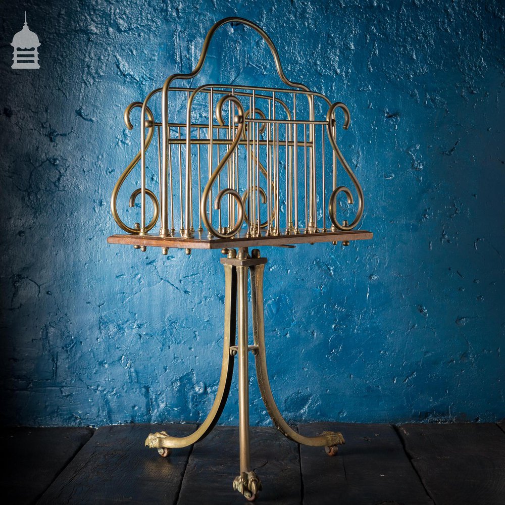 19th C Brass and Oak Swivel Sheet Music Or Record Rack With Claw Feet, Ceramic Castor’s and Treble Clef Design