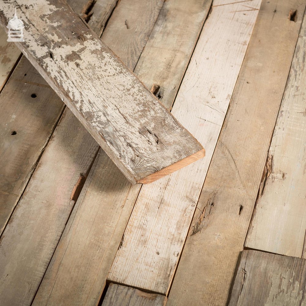 Batch of 14 Sqms of Mixed Width and Thickness Pitch Pine Wall Cladding with Distressed White Wash Finish