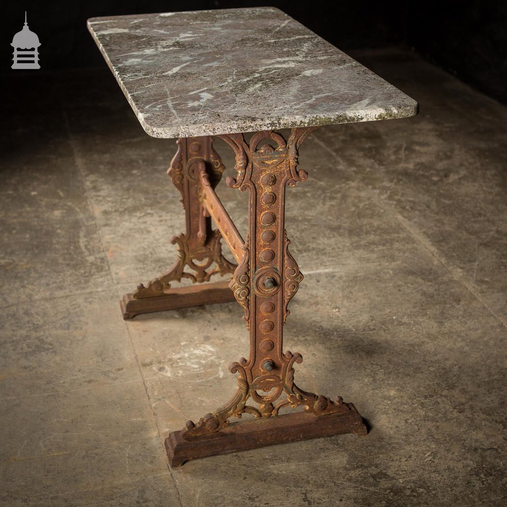 Impressive 19th C Gaskell & Chambers Ornate Cast Iron Side Table With Weathered Marble Top