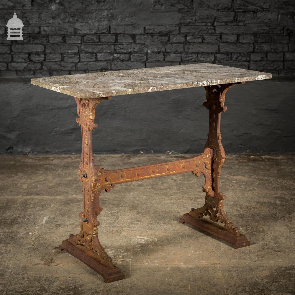 Impressive 19th C Gaskell & Chambers Ornate Cast Iron Side Table With Weathered Marble Top